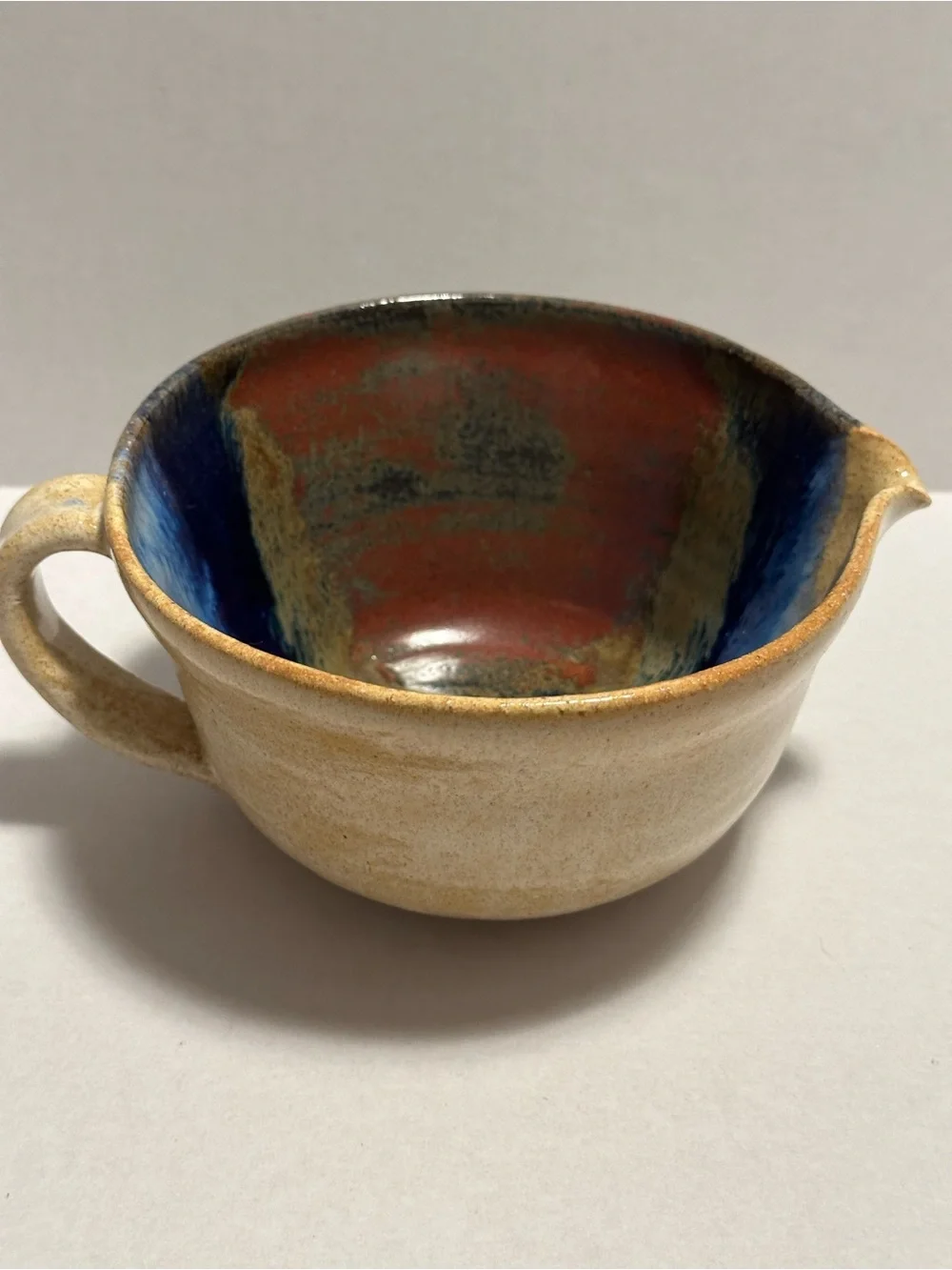 Handcrafted Studio Pottery Ceramic Batter Bowl Pitcher with Blue Glaze Accent